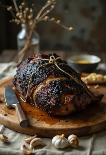 Wildzwijn aan het spit met groene kruiden en geroosterde groenten