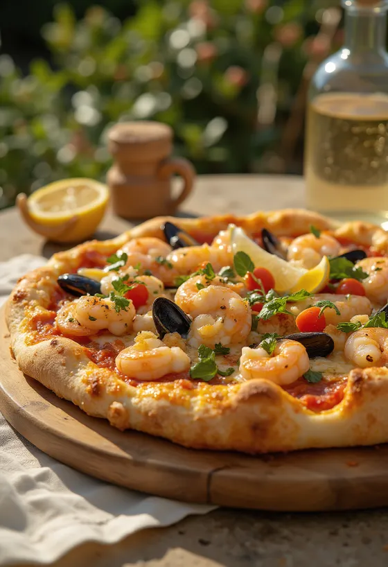 Pizza Frutti di Mare met kaasrand geserveerd