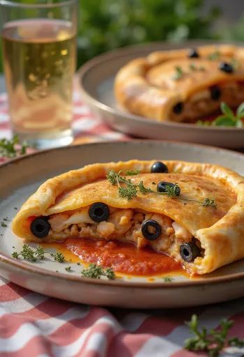 Calzone met tonijn en olijven geserveerd