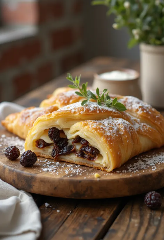 Kwarkstrudel met rozijnen geserveerd met poedersuiker
