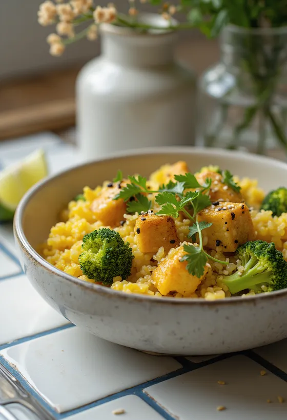 Curry-quinoa met broccoli en tofu