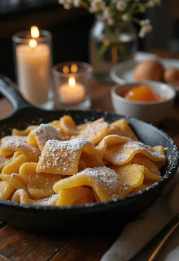 Klassieke Kaiserschmarrn goudbruin gebakken, bestrooid met poedersuiker en geserveerd met jam.