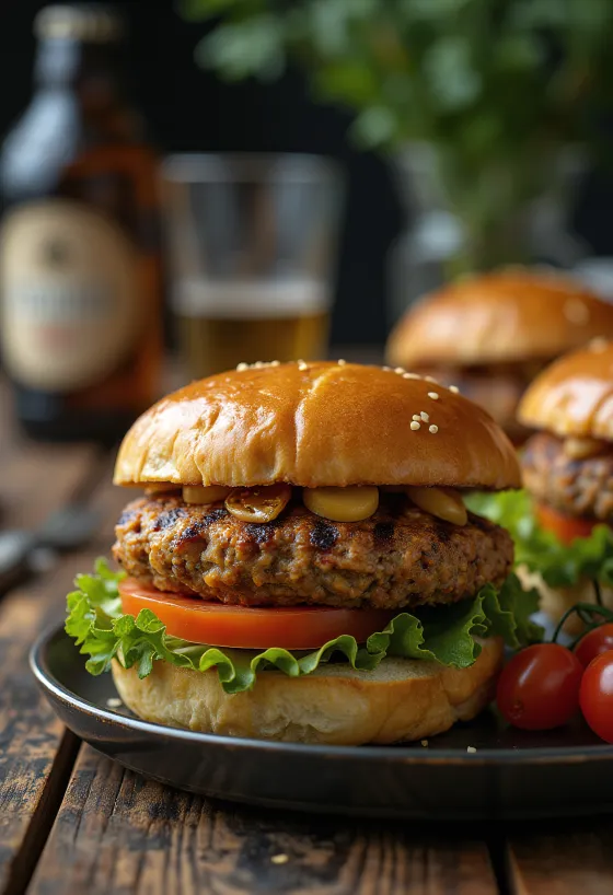 Gegrilde linzenburgers met gehakt, geserveerd met verse groenten en sauzen