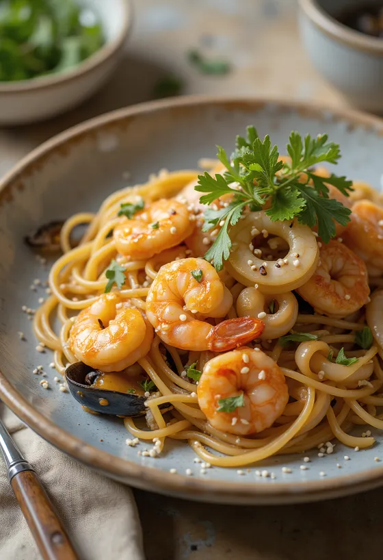 Japchae met zeevruchten geserveerd, met zoete aardappelnoedels en groenten