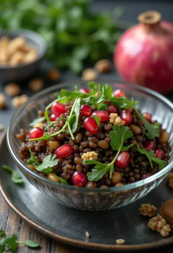 Linzensalade met granaatappel geserveerd
