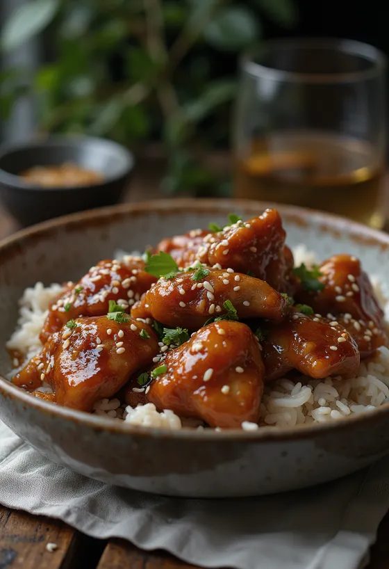 Honingkip goudbruin gebakken, bestrooid met sesamzaadjes en verse groene kruiden