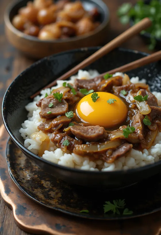 Onsen Tamago op varkensvleesbowl, met verse koriander