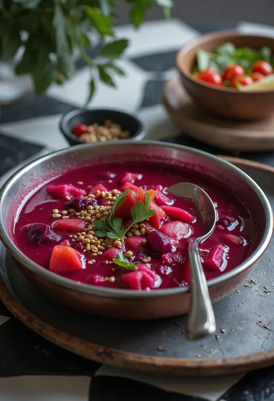 Rasam met rode biet geserveerd met verse koriander