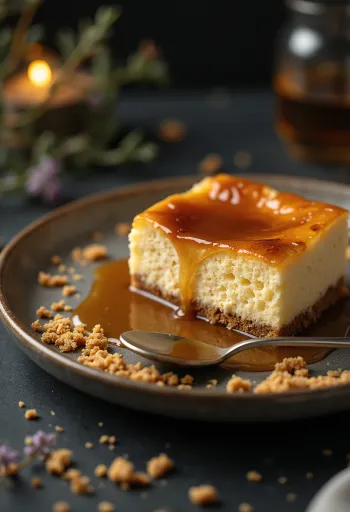 Cheesecake met karamel geserveerd