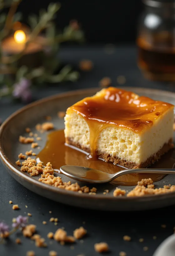 Cheesecake met karamel geserveerd