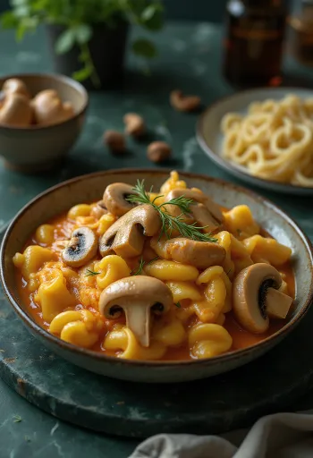 Romige champignons met paprika geserveerd met verse peterselie en nokedli