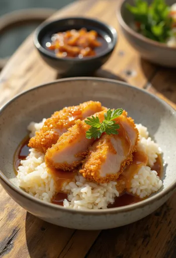 Tonkatsu don, knapperige vleesplakjes op rijst, geserveerd met katsusaus en bosui.