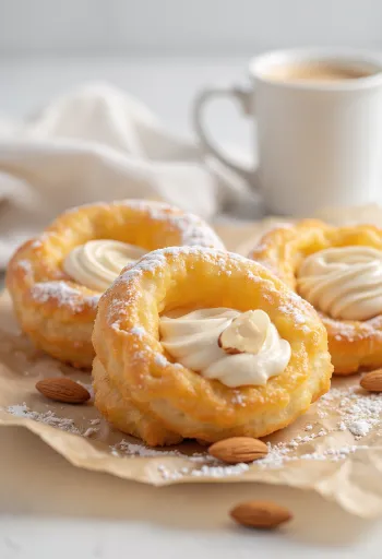 Zeppole met amandelroom, bestrooid met poedersuiker, gevuld met room