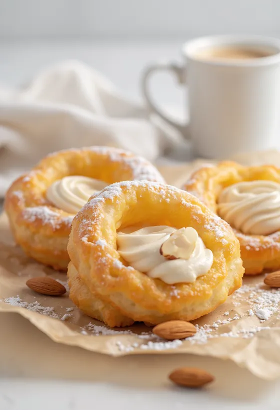 Zeppole met amandelroom, bestrooid met poedersuiker, gevuld met room
