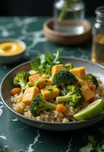 Broccoli-quinoa buddha bowl met curry-tahini tofu geserveerd