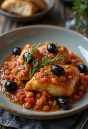 Cacciatore kip met olijven, geserveerd in tomatensaus in een keramieken schaal