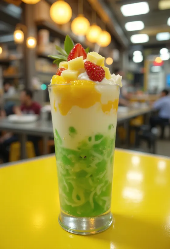 Cendol met gemengd fruit, vers fruit en ijsblokjes