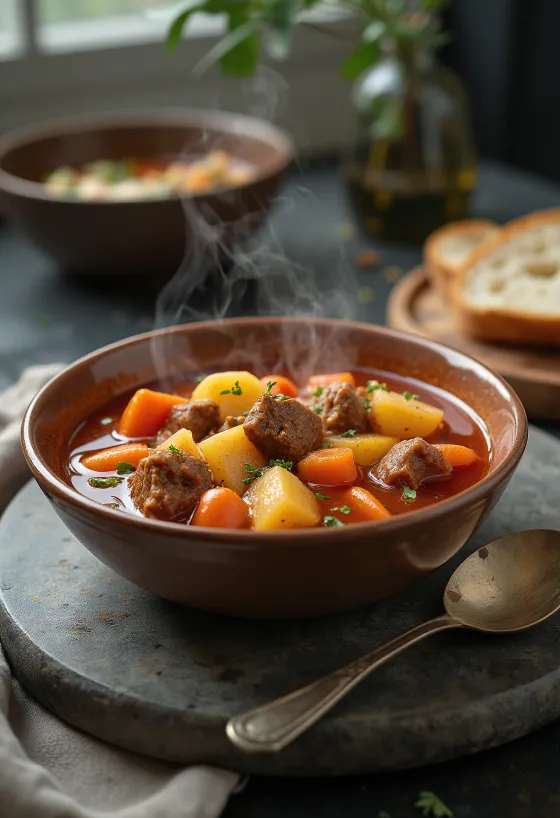 Traditionele goulashsoep met rijke stukken vlees en groenten, gekruid met rode paprika.