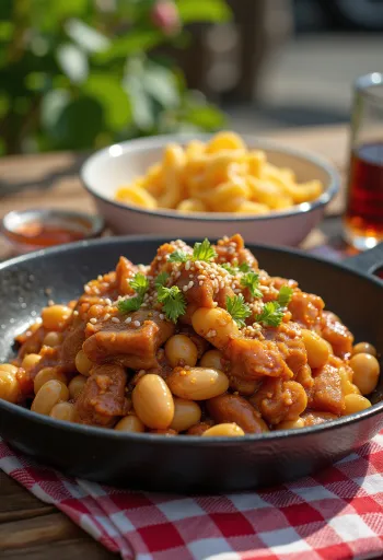 Kongnamul-bulgogi gerecht geserveerd met verse koriander en sesamzaad