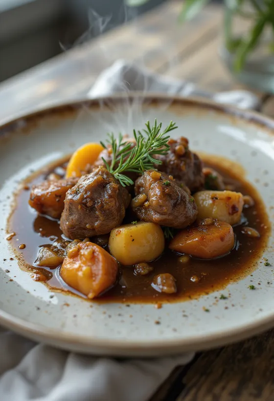 Lamsstoofpot met rozemarijn geserveerd in een rustieke kom
