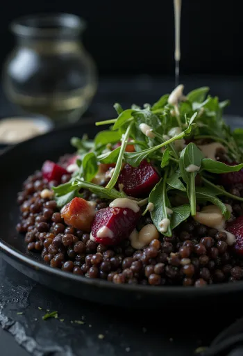 Linzensalade met geroosterde bietjes geserveerd