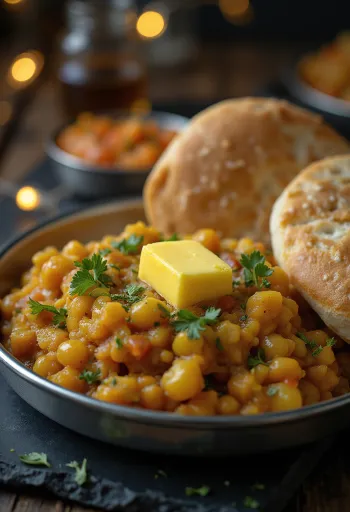 Pav bhaji khada-stijl, geserveerd met rijke groenten en rode linzen in een kom