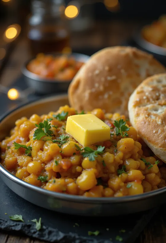 Pav bhaji khada-stijl, geserveerd met rijke groenten en rode linzen in een kom
