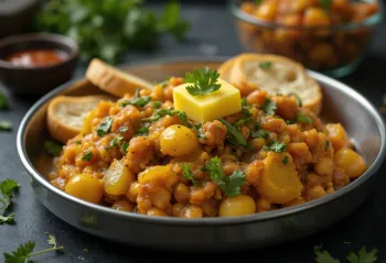 Pav bhaji khada-stijl, geserveerd met rijke groenten en rode linzen in een kom