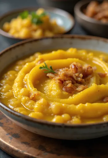 Gele spliterwtenstoofpot met verse peterselie en knapperige topping