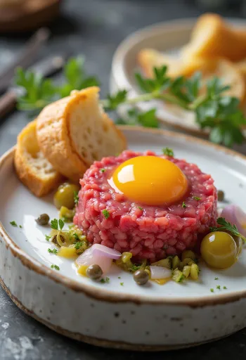Steak Tartare geserveerd met eidooier en toast