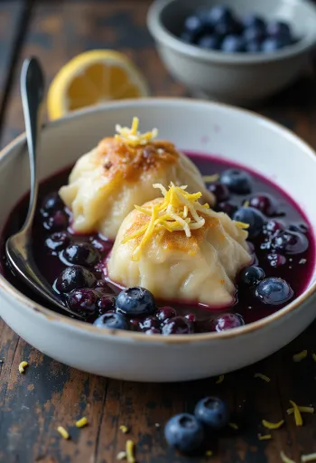 Dumplings in een pan met rijke blauwe bessensaus