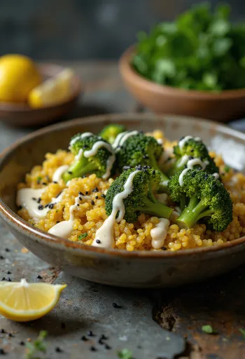 Broccoli-quinoa curry buddha bowl met limoentahin geserveerd