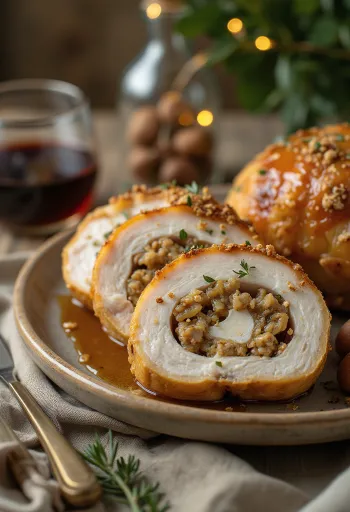 Sappige met kastanje gevulde kalkoenfilet plakjes geserveerd met groenten.