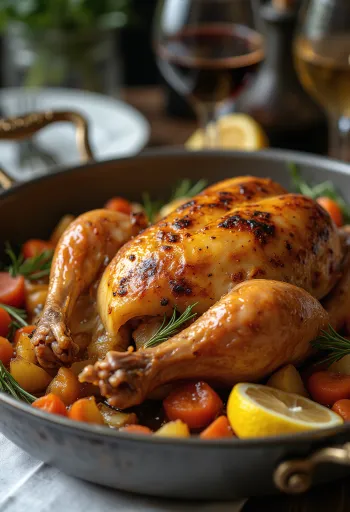 Gebraden parelhoen geserveerd met geroosterde groenten