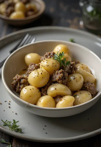 Haggis gnocchi, een heerlijk gerecht geserveerd met romige roomsaus en verse rozemarijn