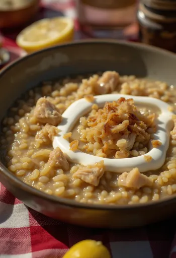Haleem met gerst, geserveerd met yoghurt en verse koriander