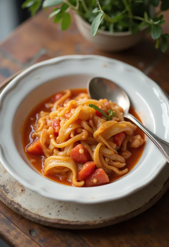 Kool in tomatensaus geserveerd met verse dille en sappige gehaktballen.