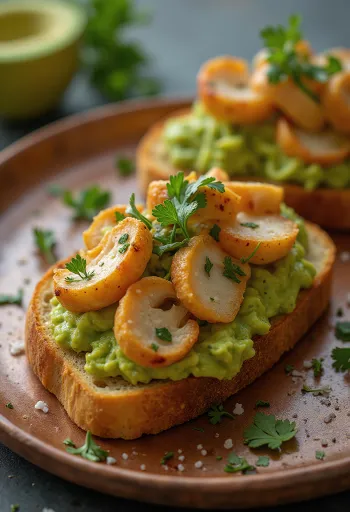 Toast met kip, met avocado guacamole, geserveerd op geroosterd brood