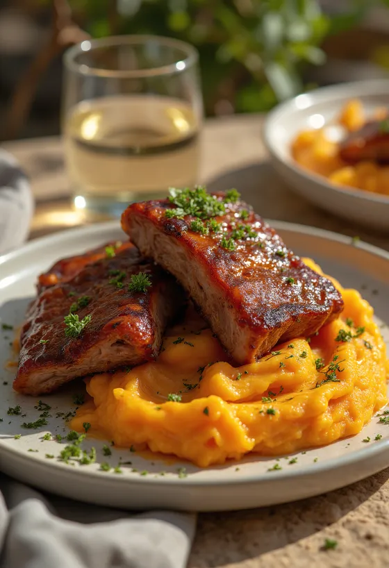BBQ spareribs geserveerd met zoete aardappel