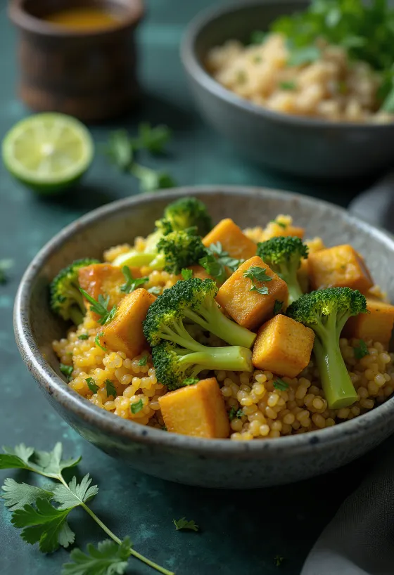 Broccoli-quinoa curry buddha bowl met limoentofu geserveerd