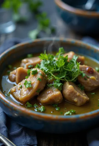 Chakapuli met lamsvlees geserveerd, in kruidige saus