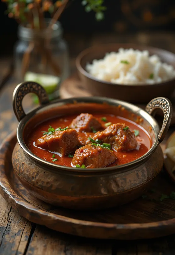 Klassieke rogan josh, geserveerd met mals lamsvlees in een dieprode kruidige saus