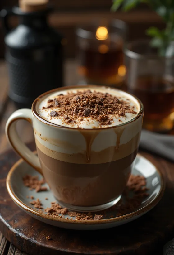 Honing-chocolade latte, romige koffie met slagroom en chocoladeschaafsel