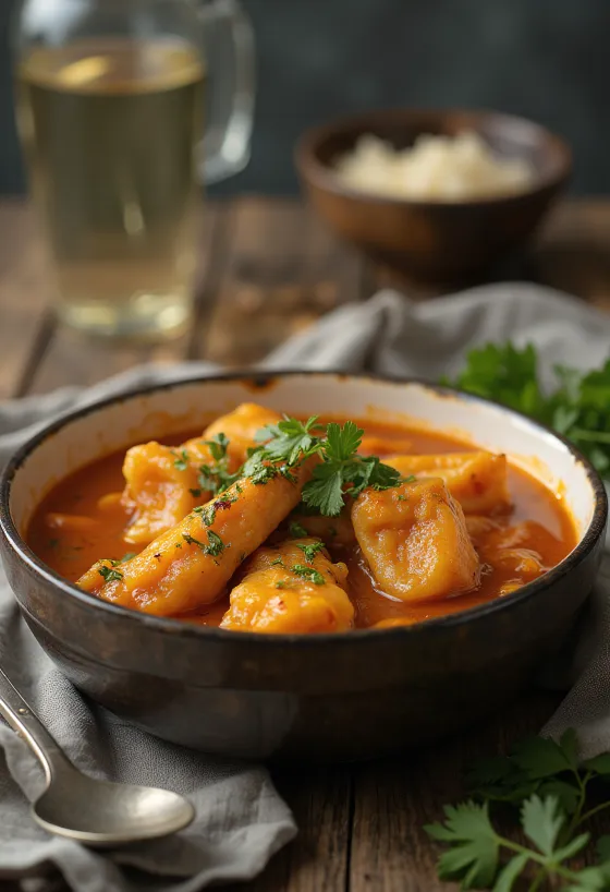 Moqueca geserveerd met zoetzure saus, vis en kokosmelk