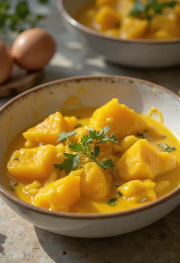 Auberginecurry met zoete aardappel geserveerd