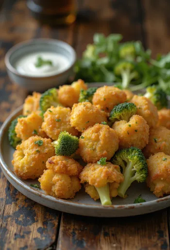 Krokante gepaneerde broccoli goudbruin gebakken, geserveerd op een bord met verse citroenschijfjes.