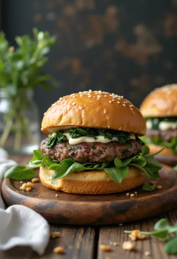 Spinazie-feta burger met sappige vleesschijf en gebakken spinazie
