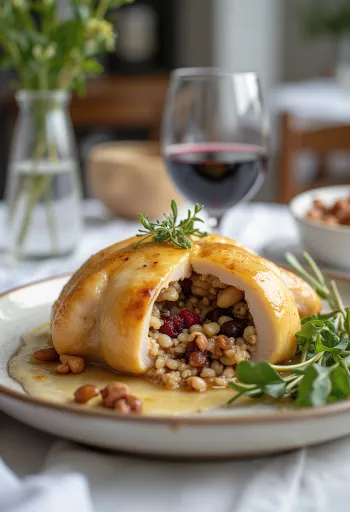 Gevulde kwartel met wilde rijst geserveerd op een bord
