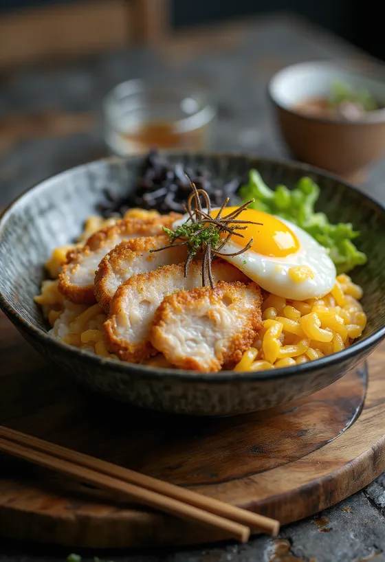 Katsudon gevuld met takuan geserveerd met knapperige kip en verse groenten