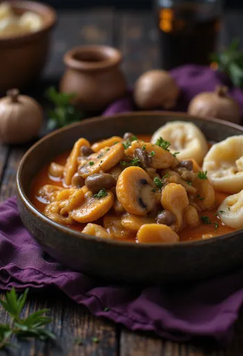 Champignonpaprikash met zure room, vers geserveerd met zachte noedels